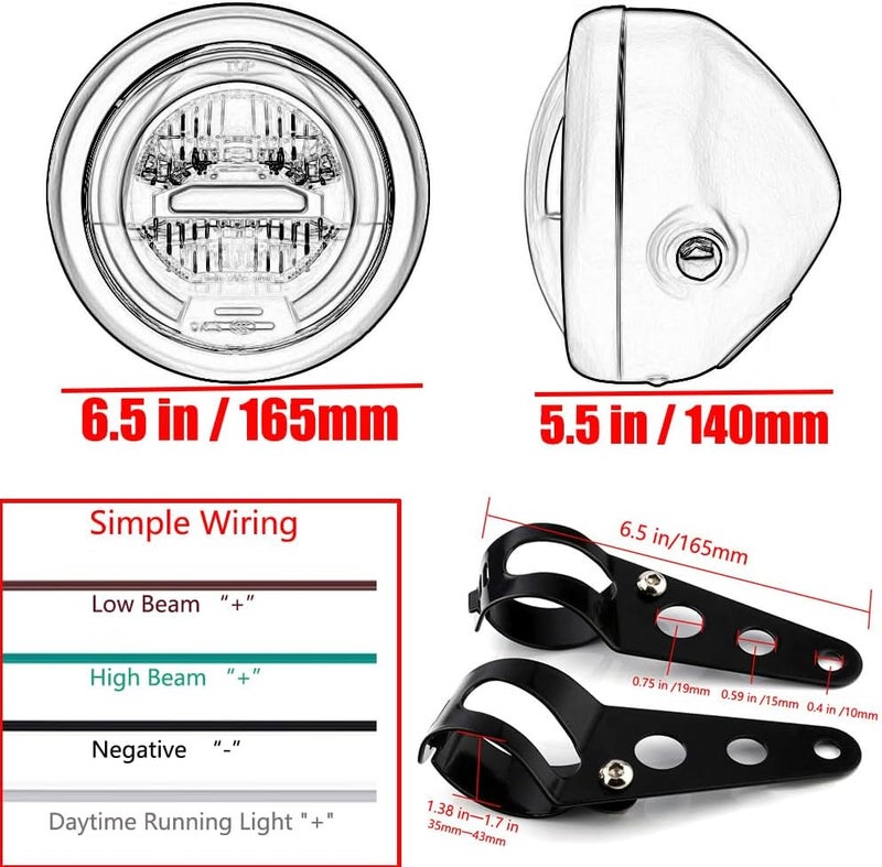 kucehiup 6.5 Inches Round Motorcycle LED Headlight with Brackets Assembly (White Light) - Image 3